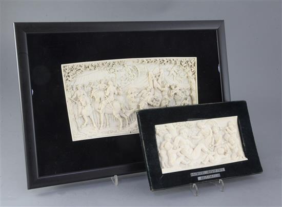 Two 19th century French Dieppe ivory carved panels, 3.75 x 7.25in. and 5.75 x 11.25in.